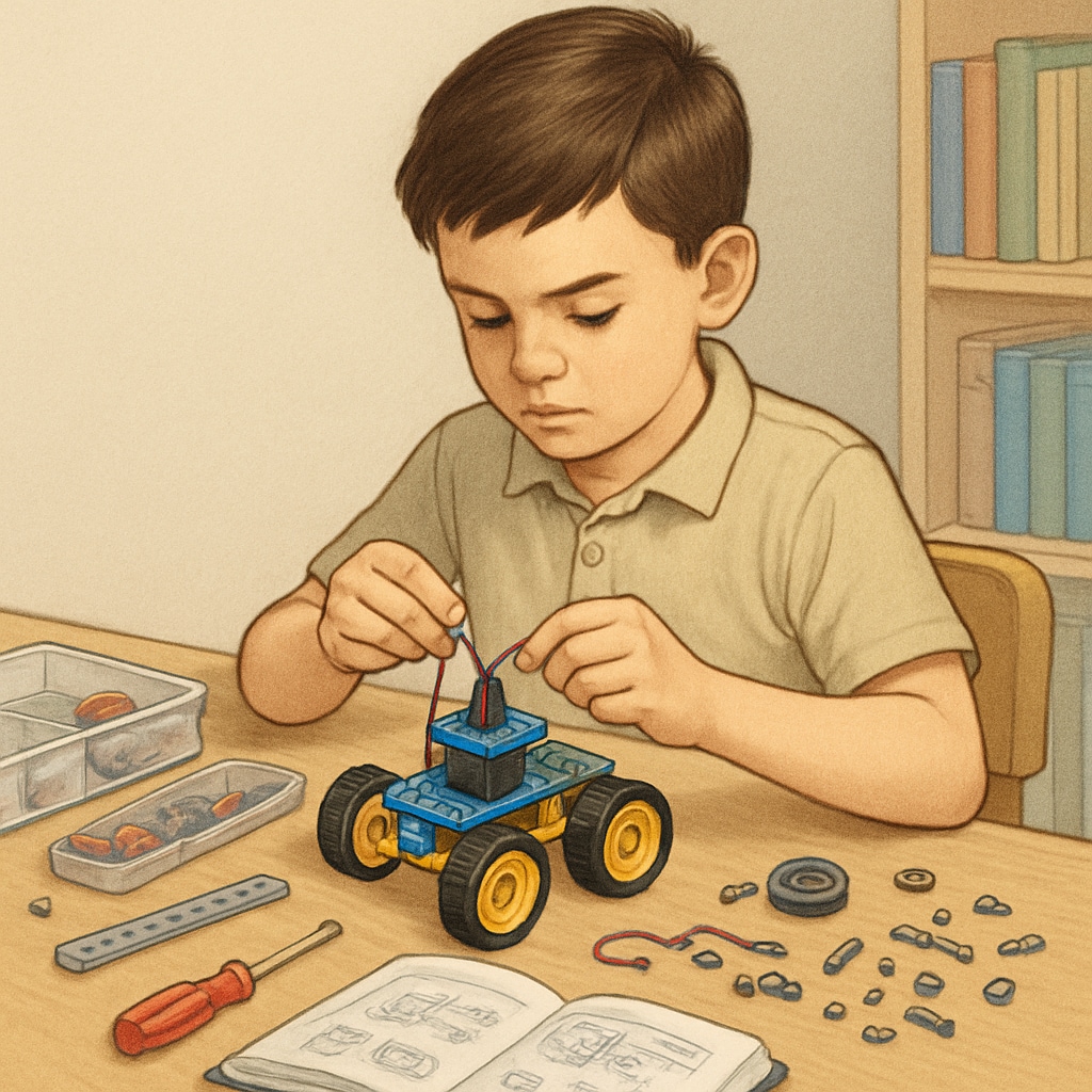 A young boy assembling a simple robotics kit at home, engaging with hands-on learning materials. Hands-on learning for early development: A child assembling a robotics kit.