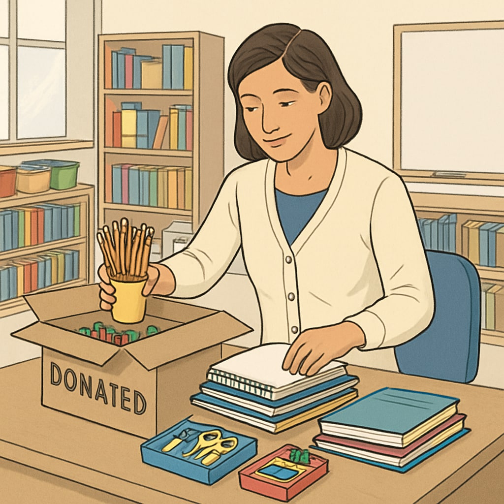 A teacher organizing donated school supplies on her desk in a classroom. A teacher organizing donated school supplies on her desk, highlighting the importance of teacher support, classroom donations, and teaching supplies.