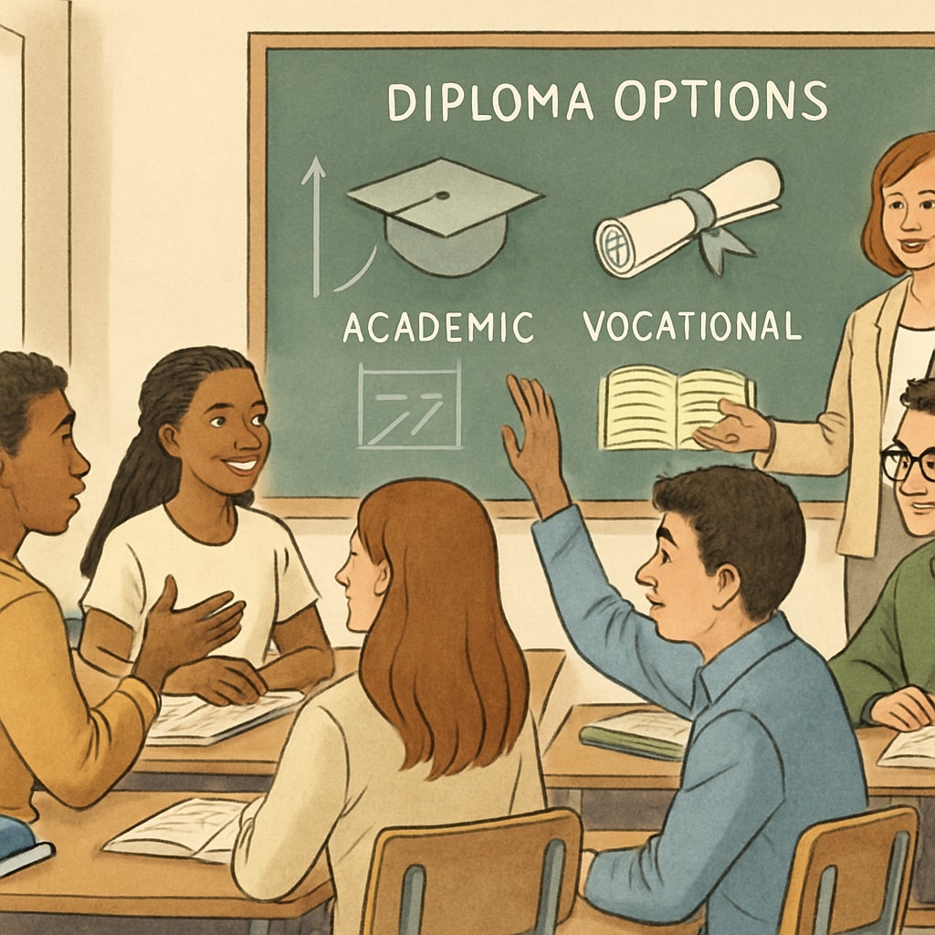 A classroom setting with diverse students actively participating in a discussion about diploma options. Students exploring options for transitioning from corrective diplomas to standard diplomas.
