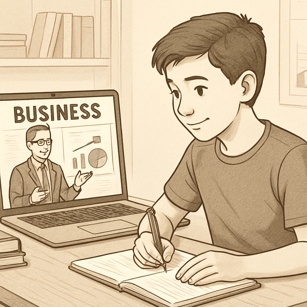 A young teen participating in an online business class, showcasing engagement and learning. Teen engaged in virtual business education class.