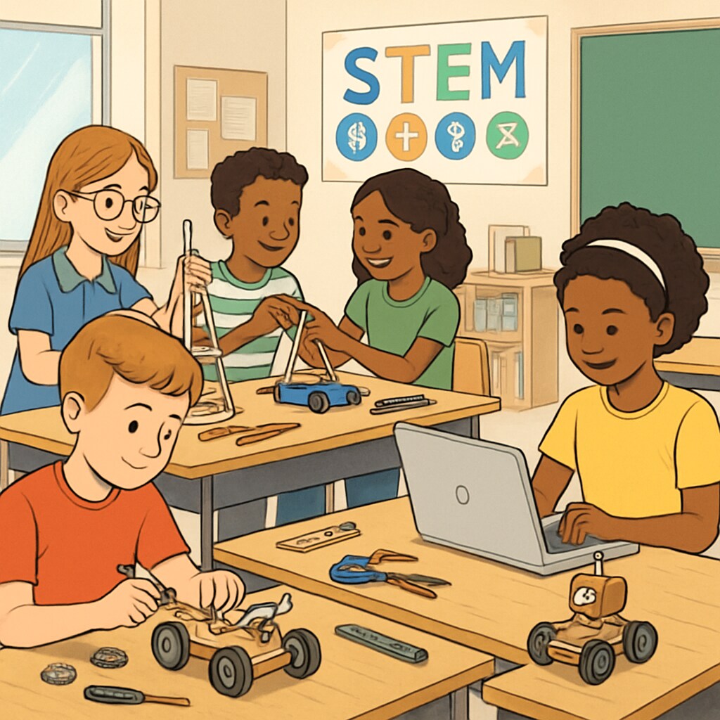 An engaging STEM classroom where children collaborate on small engineering projects. STEM education for creativity and early development.