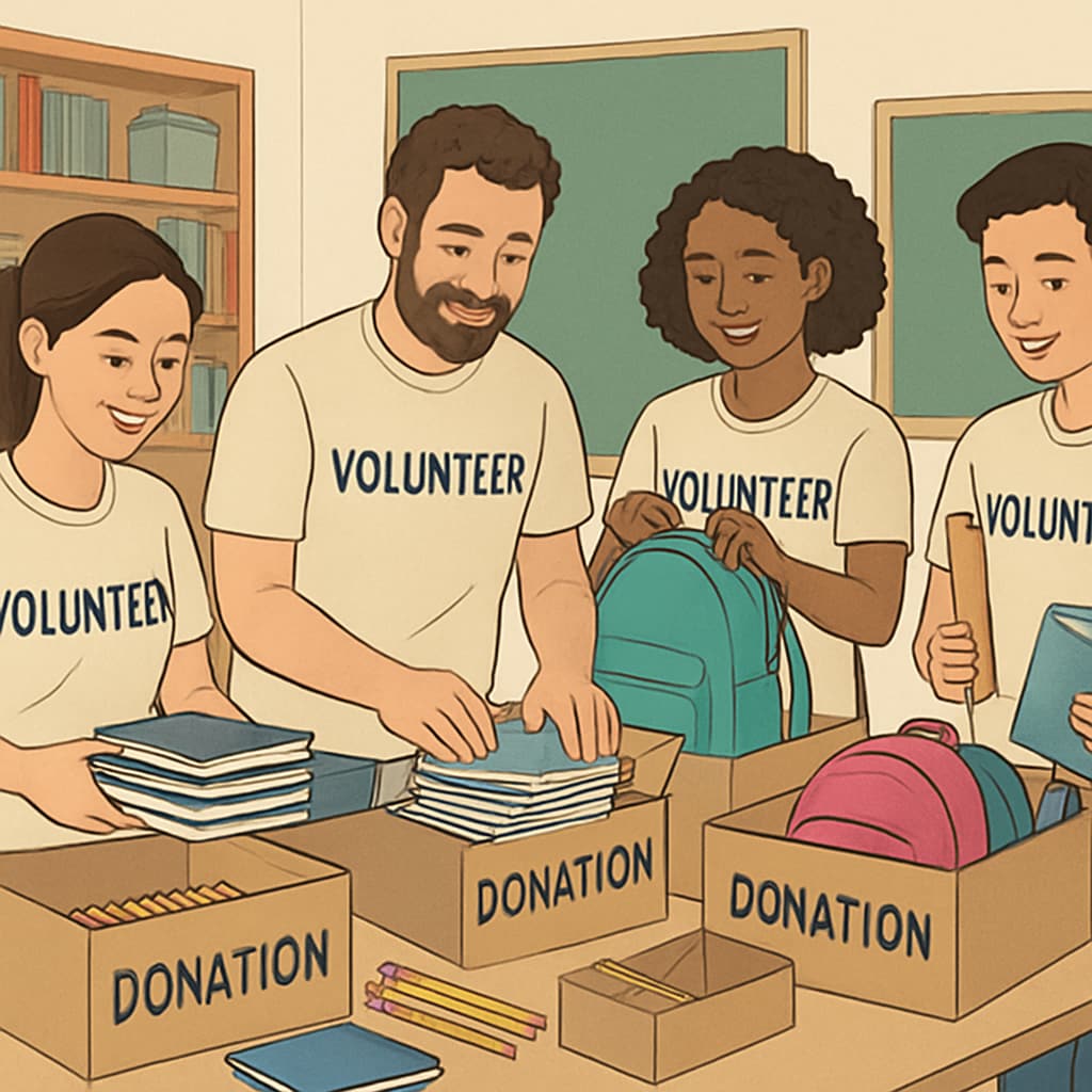 A group of volunteers organizing school supply donations for distribution. Volunteers organizing school supply donations, emphasizing the role of community in supporting teachers and classrooms.