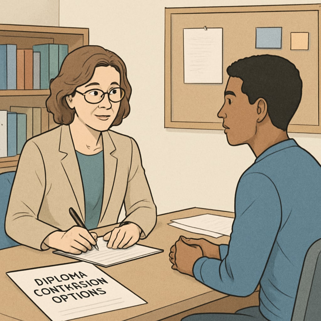 A teacher or counselor providing guidance to a student about diploma conversion options. Guidance session for a student learning about corrective diploma conversion possibilities.