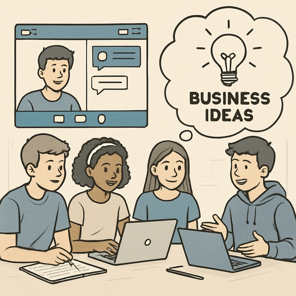 A group of young teens brainstorming business ideas during an online session. Group of teens collaborating in a virtual business course.
