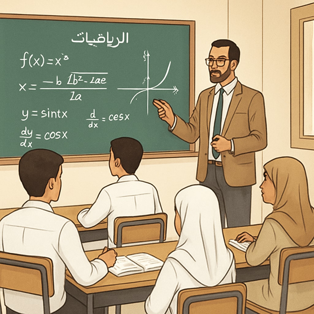 A classroom in an Arabic-speaking school where a teacher is explaining advanced math concepts to high school students. A teacher explaining high school math concepts to students in an Arabic-speaking classroom.