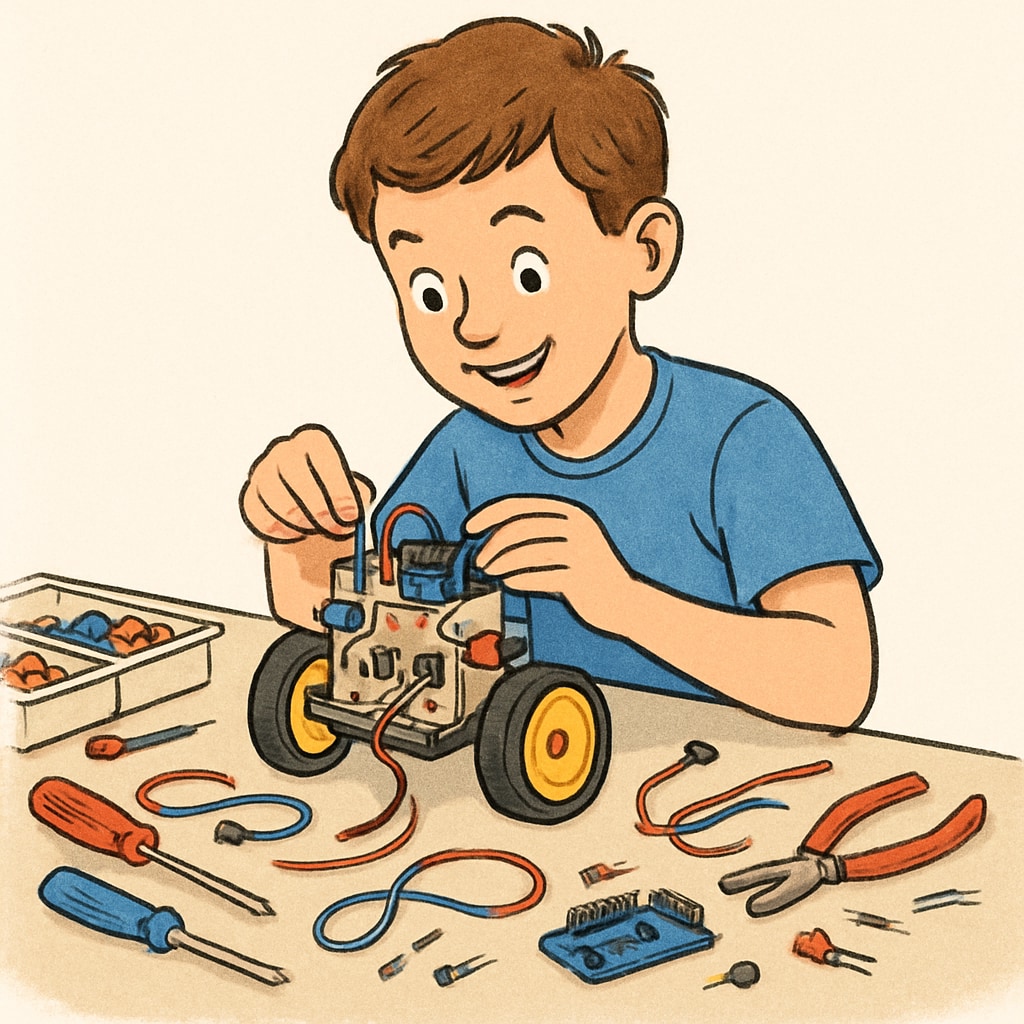 A young boy enthusiastically working on a robotics kit, surrounded by colorful tools and components. The image highlights creativity and hands-on learning. Early education, creativity nurture, and alternative methods for kids depicted through a boy building a robot.