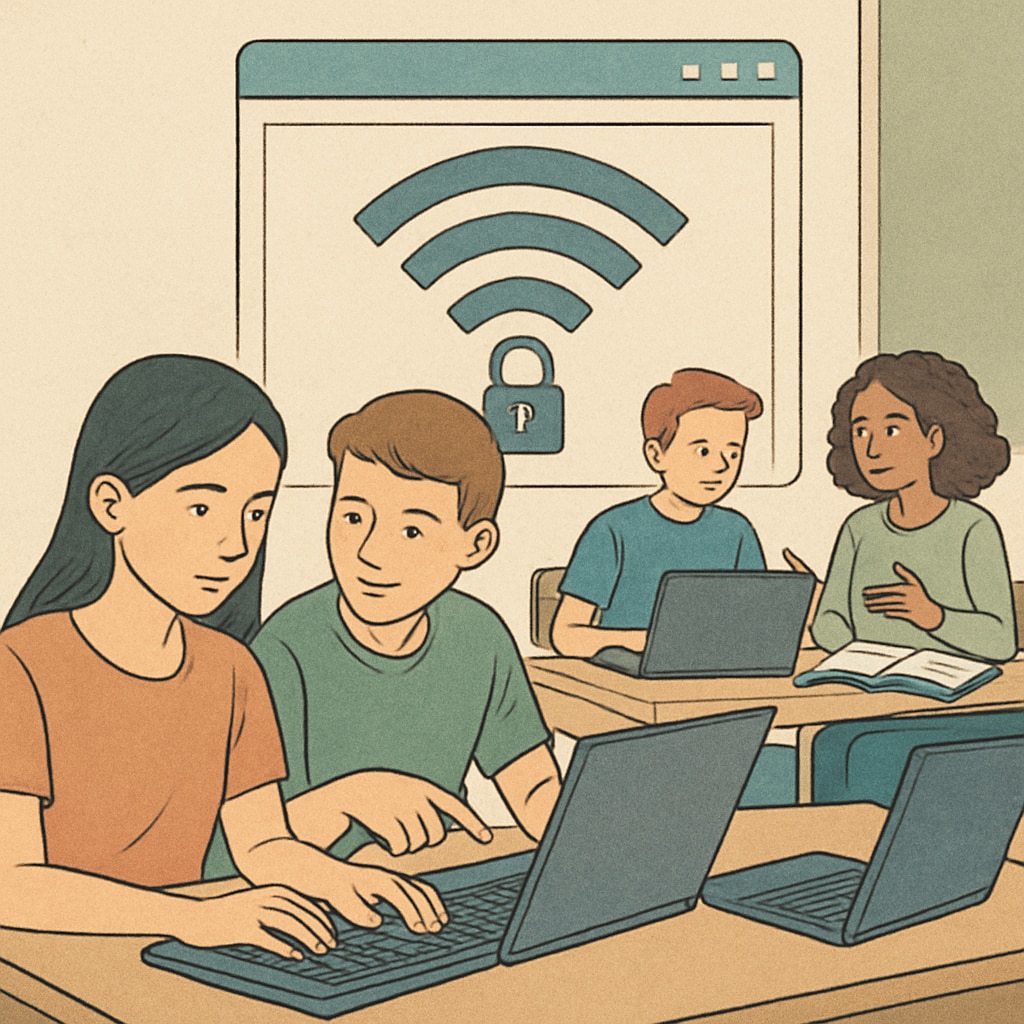 Students in a classroom using laptops for educational purposes under restricted internet access.
