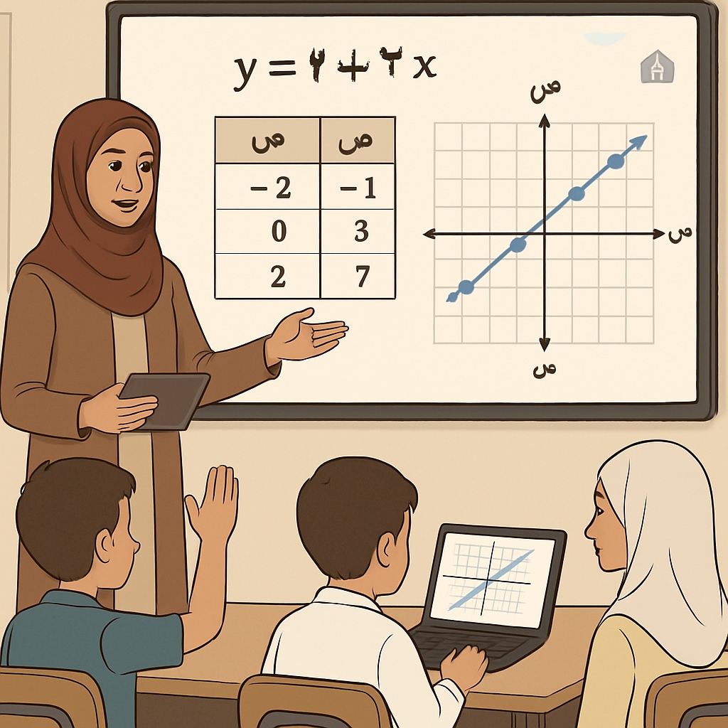 An interactive math session using digital tools, with Arabic-language support visible on the screen. Students participating in a math session using digital tools with Arabic-language interface on the screen.