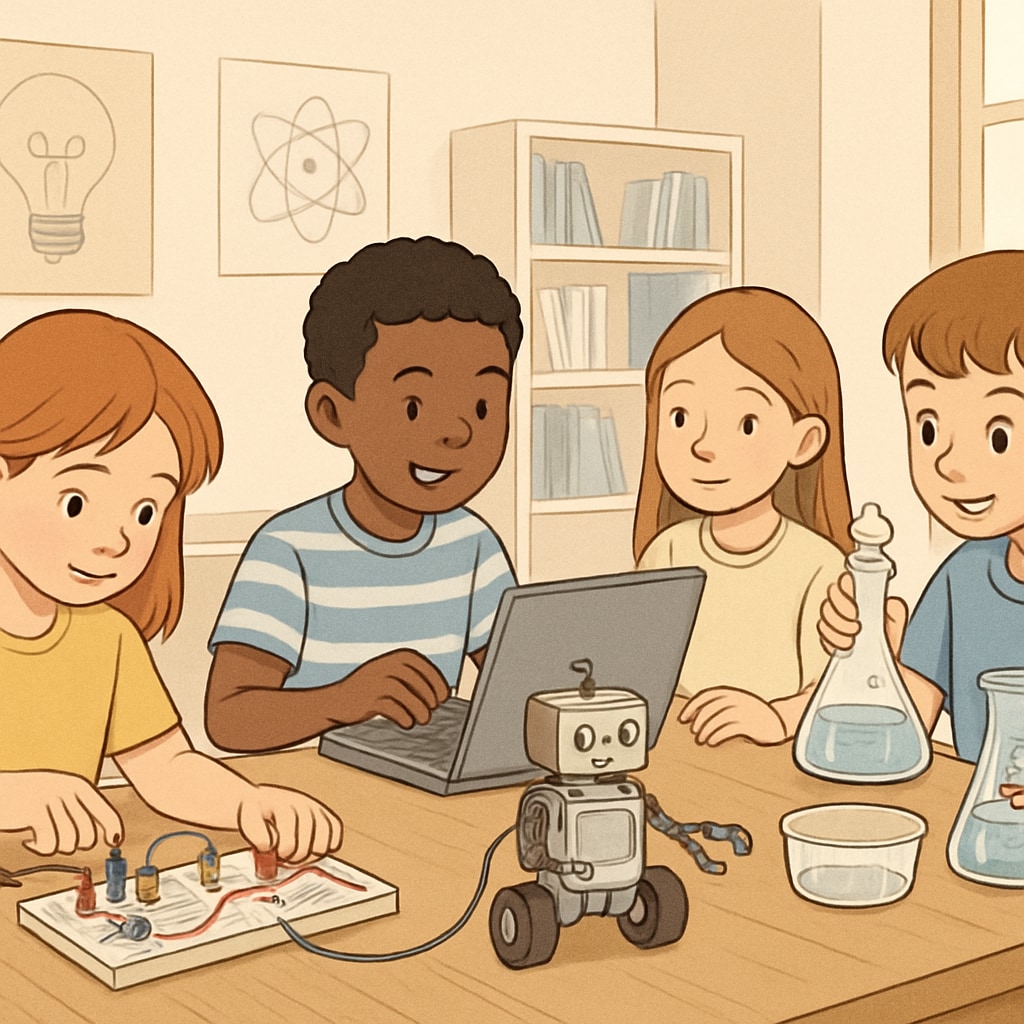 A creative classroom setting where young children are engaged in STEM experiments, including robotics and circuit-building. The image emphasizes interactive and alternative education approaches. Hands-on activities and alternative education for kids shown through STEM experiments.
