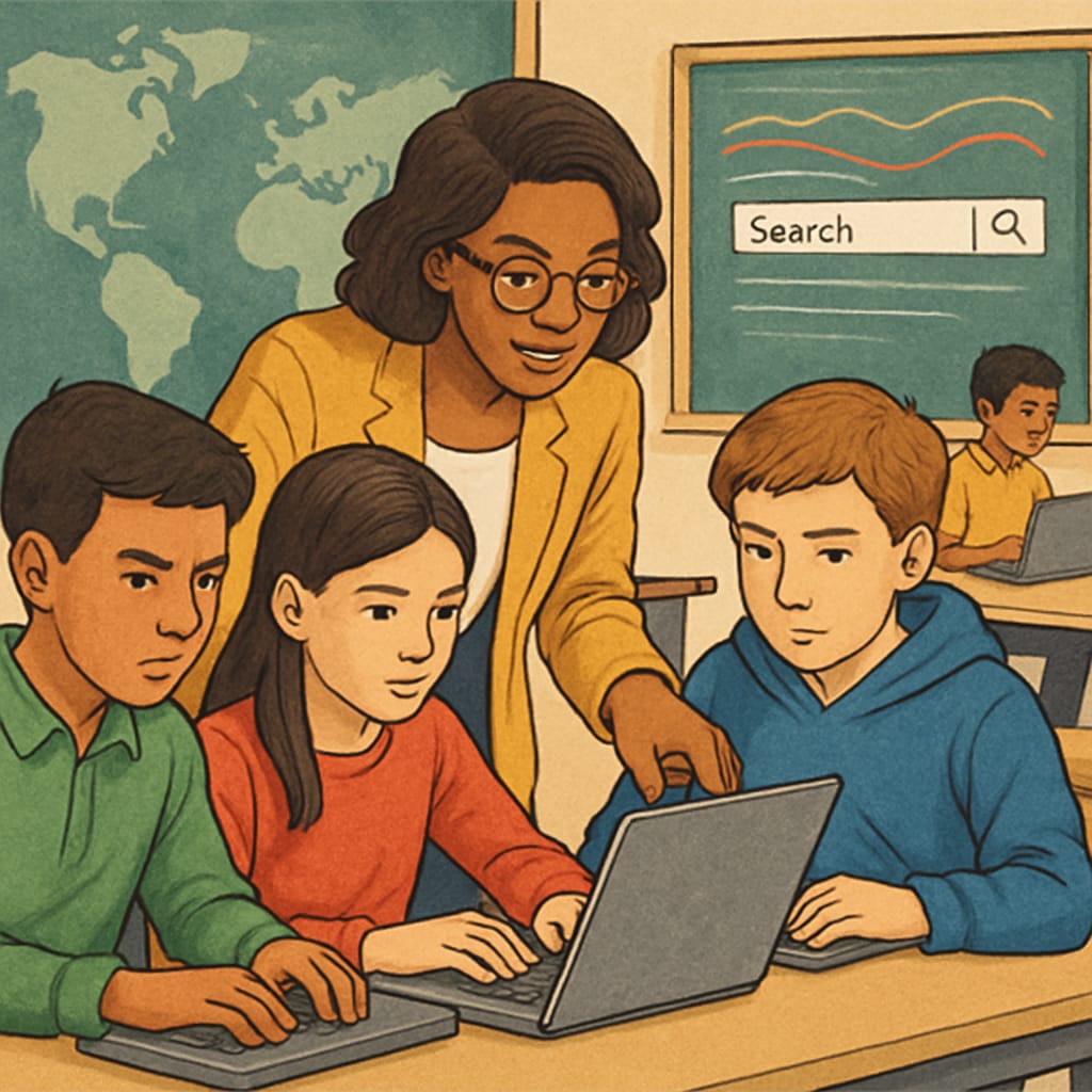 A teacher helping students with internet research in a classroom environment.