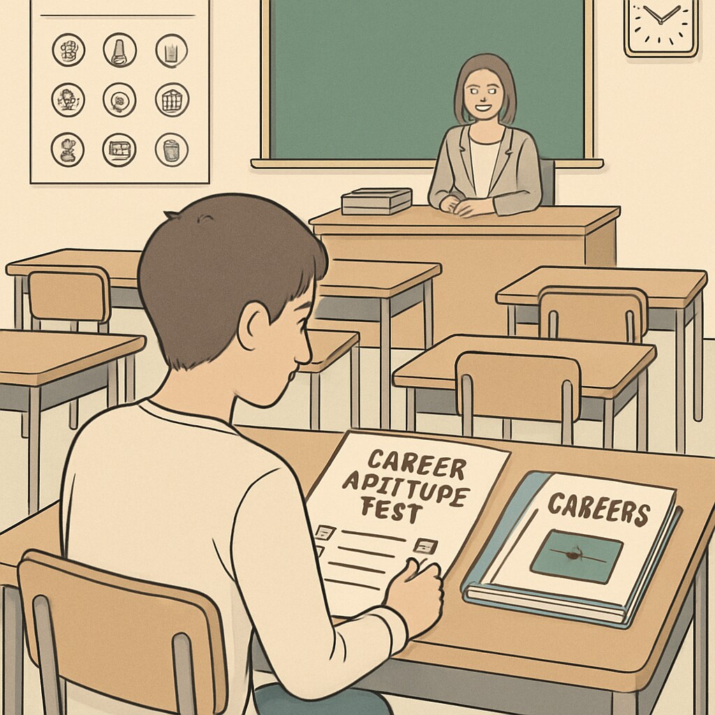 A student in a classroom setting engaging with a career aptitude test or career exploration activity. A student exploring career planning resources in a classroom setting.