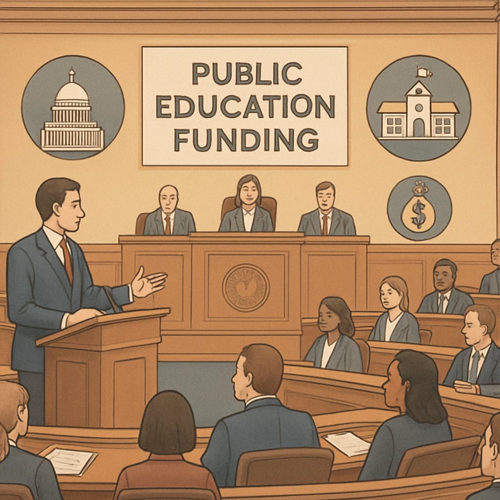 A legislative session discussing public education funding, highlighting the influence of private institutions. Legislative session on public education funding, showing private institution influence.