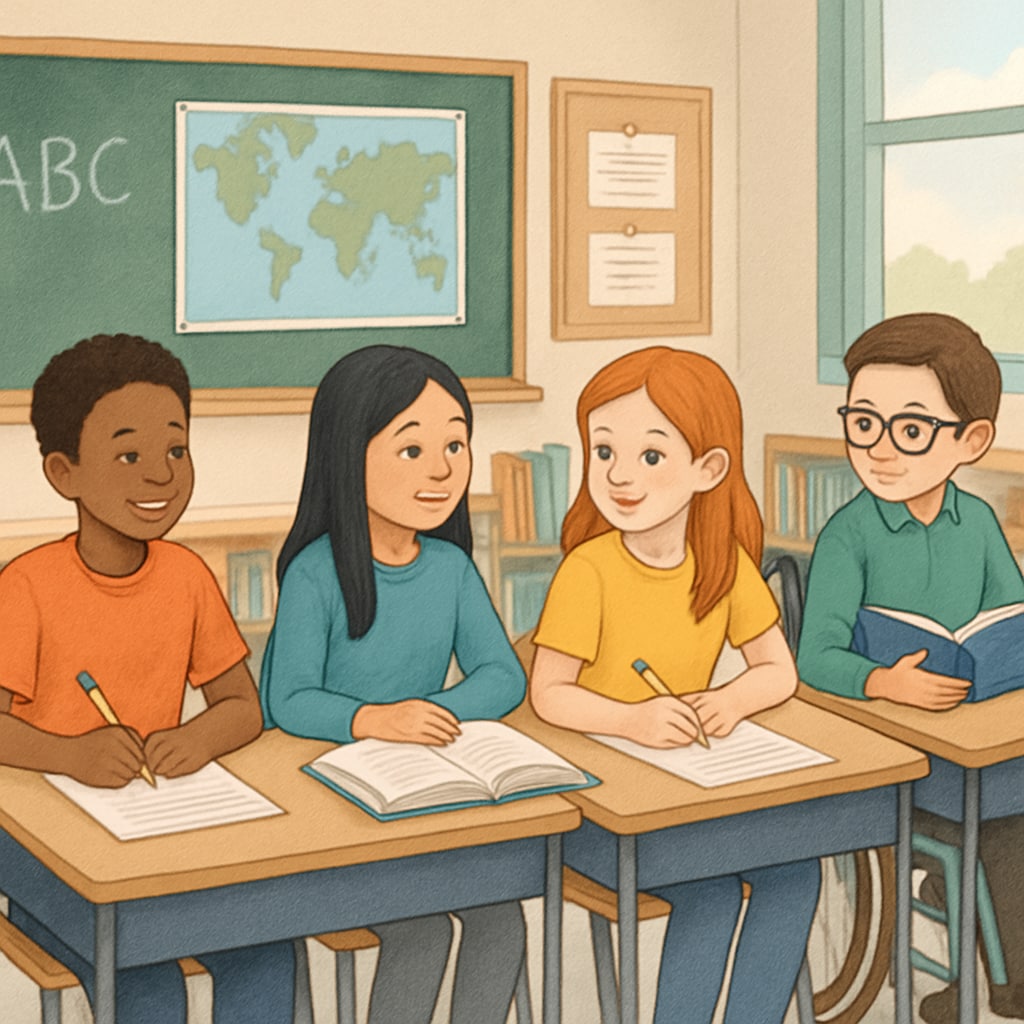 Public school classroom with diverse students discussing lessons.