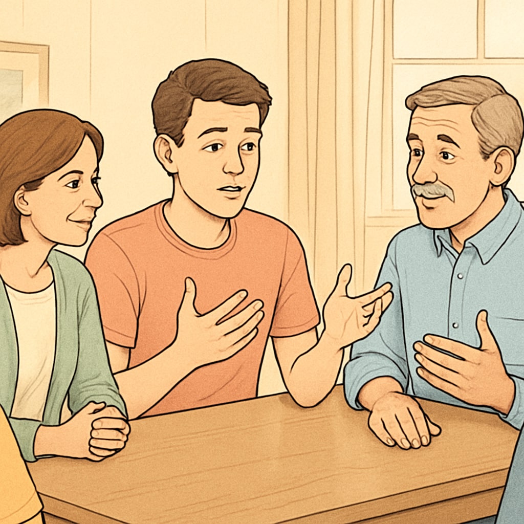 A young adult having a conversation with family members about career choices over a dining table. A young adult discussing career options with family members.