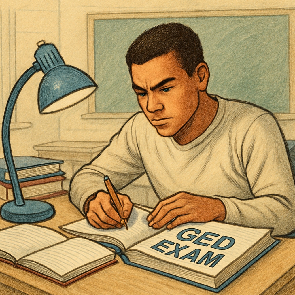 An adult learner preparing for the GED, representing adult education and college preparation.