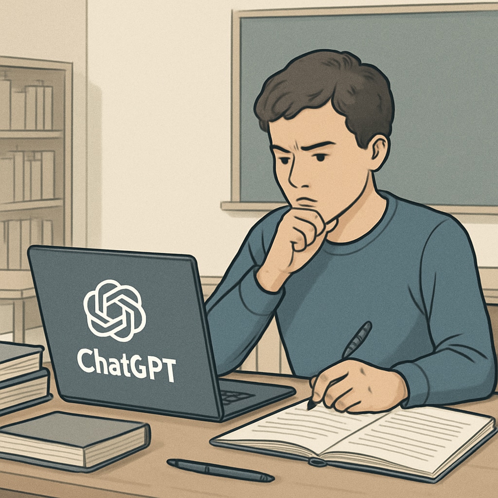 A student using ChatGPT on a laptop to write an essay, symbolizing ethical dilemmas in education. Student using ChatGPT for assignments, highlighting academic integrity challenges.