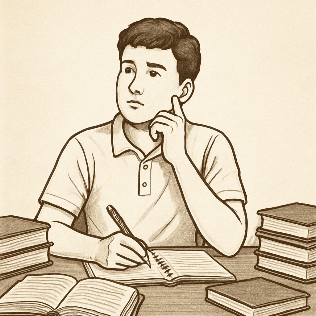 A college student sitting at a desk surrounded by books, contemplating their academic future. College student considering academic planning and career prospects.