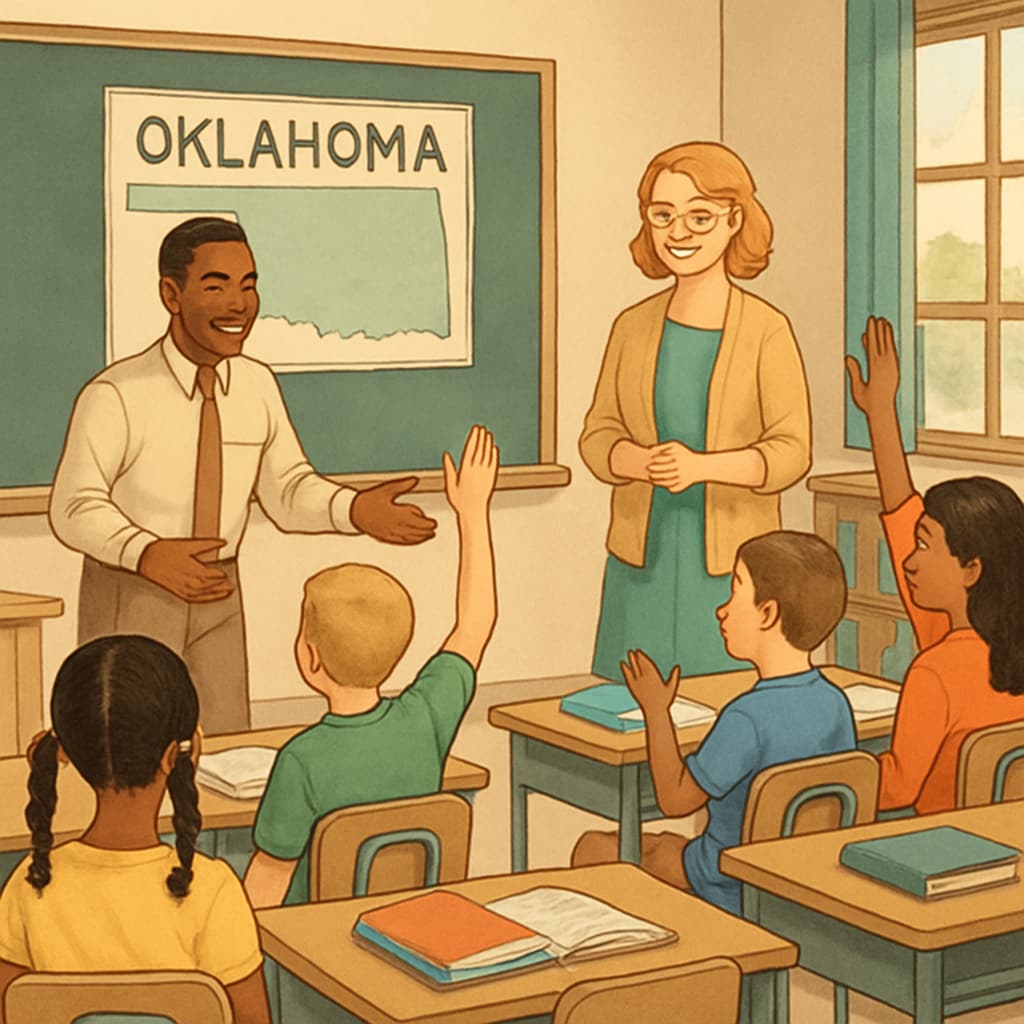A classroom in Oklahoma with teachers and students engaged in a lesson, symbolizing education neutrality.