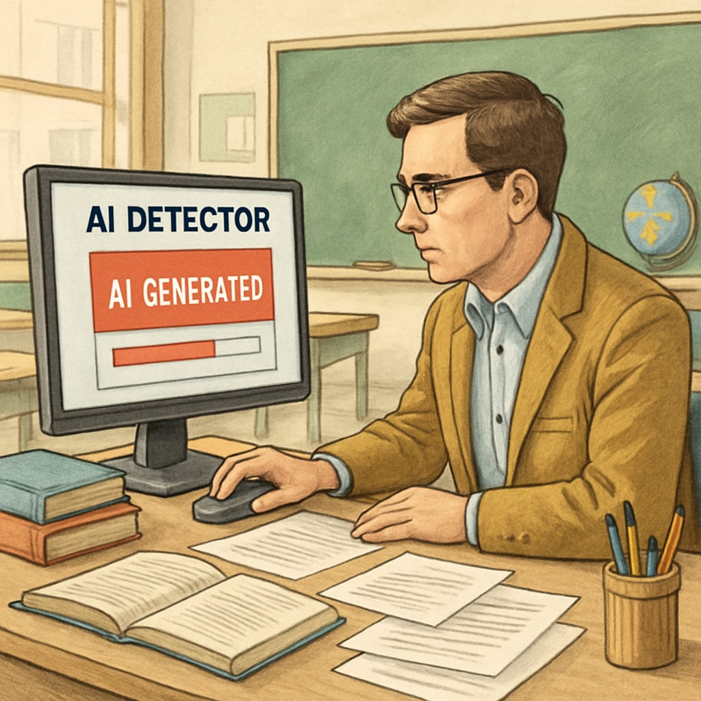 An educator reviewing AI detection software on a computer screen, highlighting technological challenges in schools. Educator analyzing AI detection software, representing issues in identifying AI-generated content.