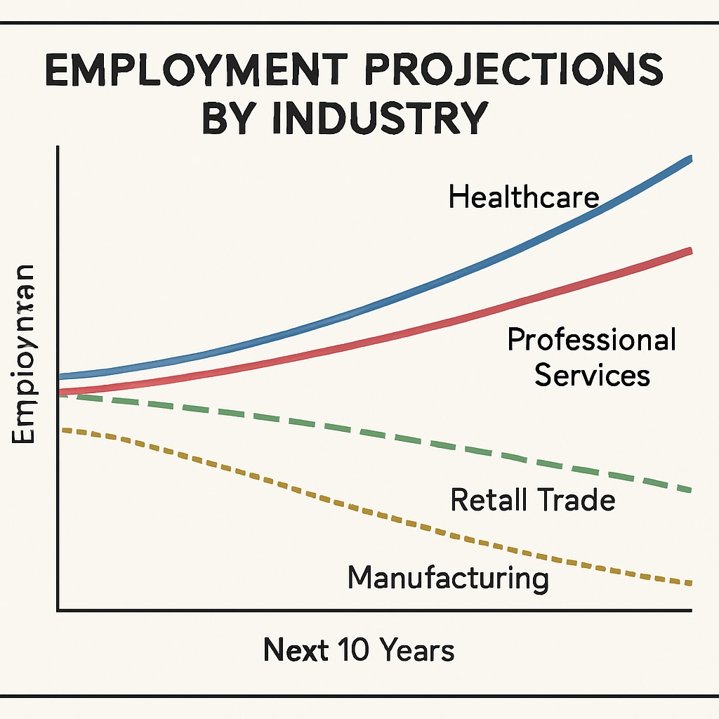A graph showing employment projections for various industries over the next 10 years. Employment projections related to career prospects and education planning.