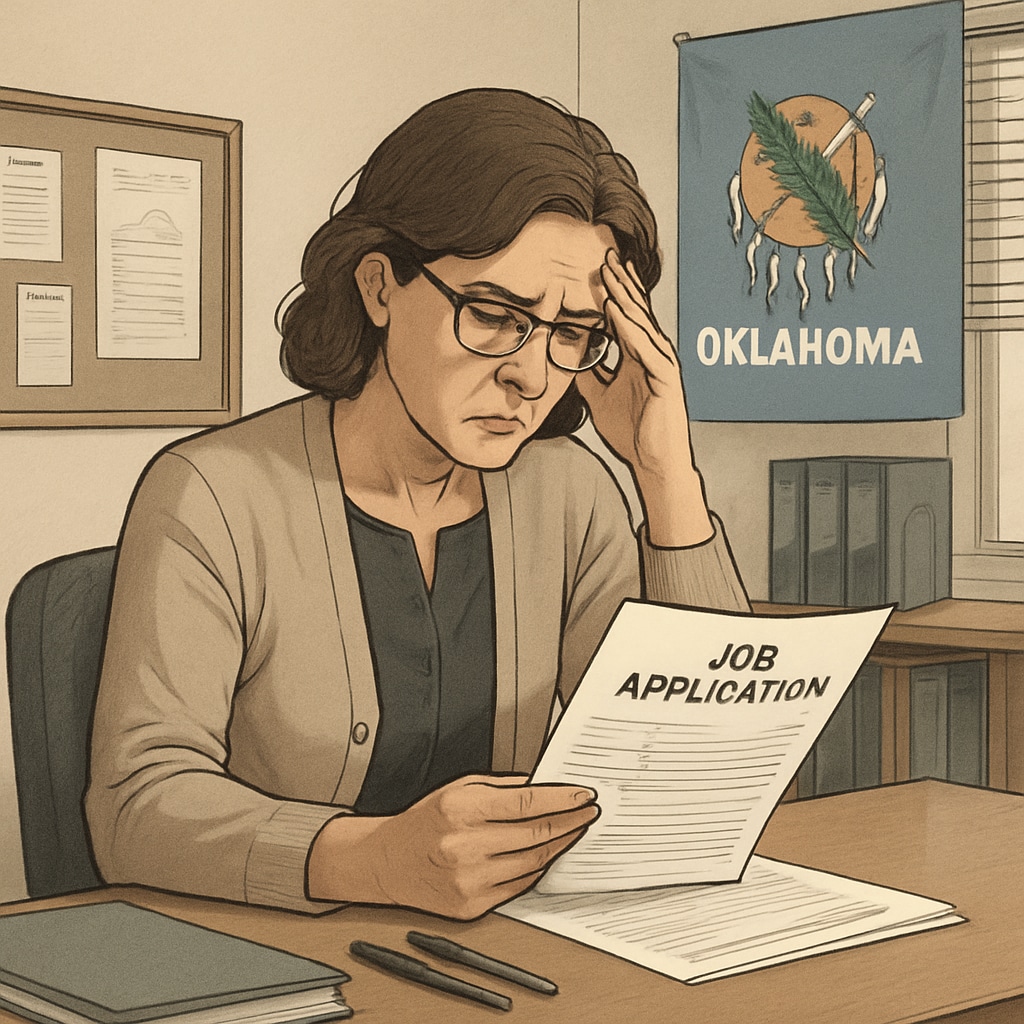 A frustrated teacher holding a job application in Oklahoma, highlighting recruitment challenges caused by political screening.
