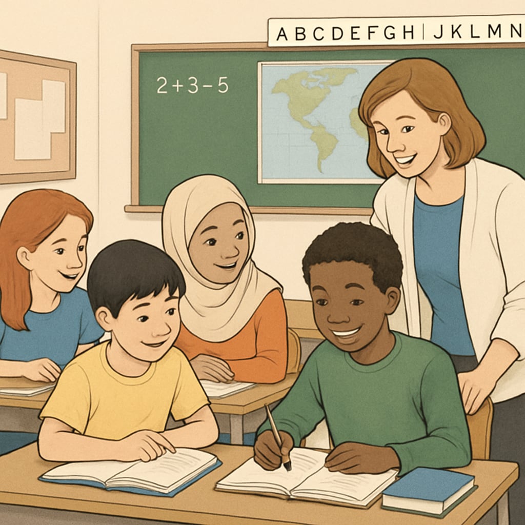 A classroom setting with students from diverse backgrounds learning together, representing the fusion of native and foreign education systems. Students in a multicultural classroom adapting to a foreign education system.