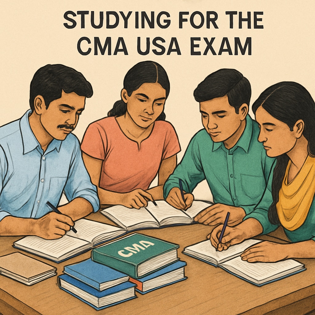 A group of Kerala students studying together for the CMA USA exam, showcasing collaboration and dedication. Kerala students preparing for CMA USA certification through group study.