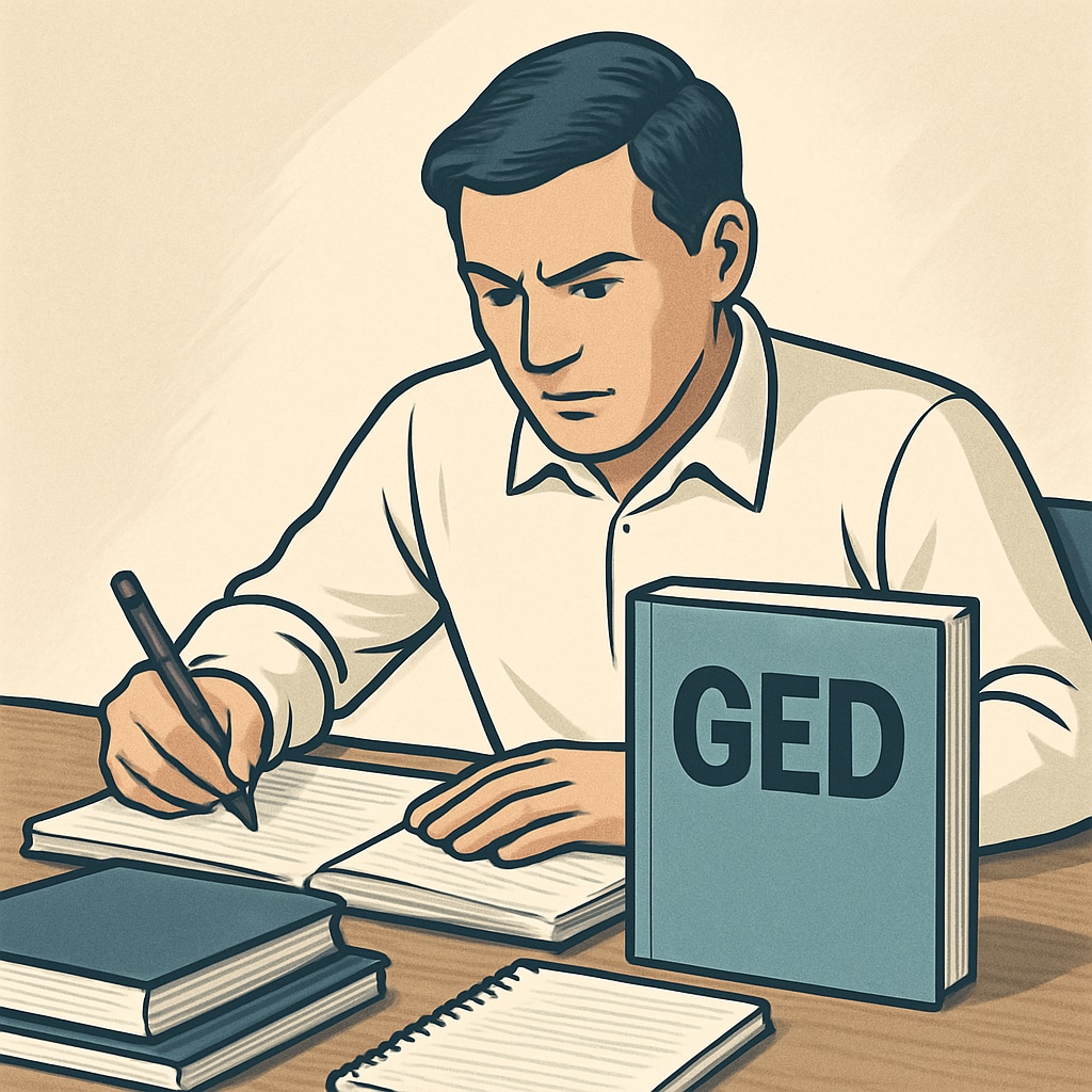 Adult studying GED materials for college admission.