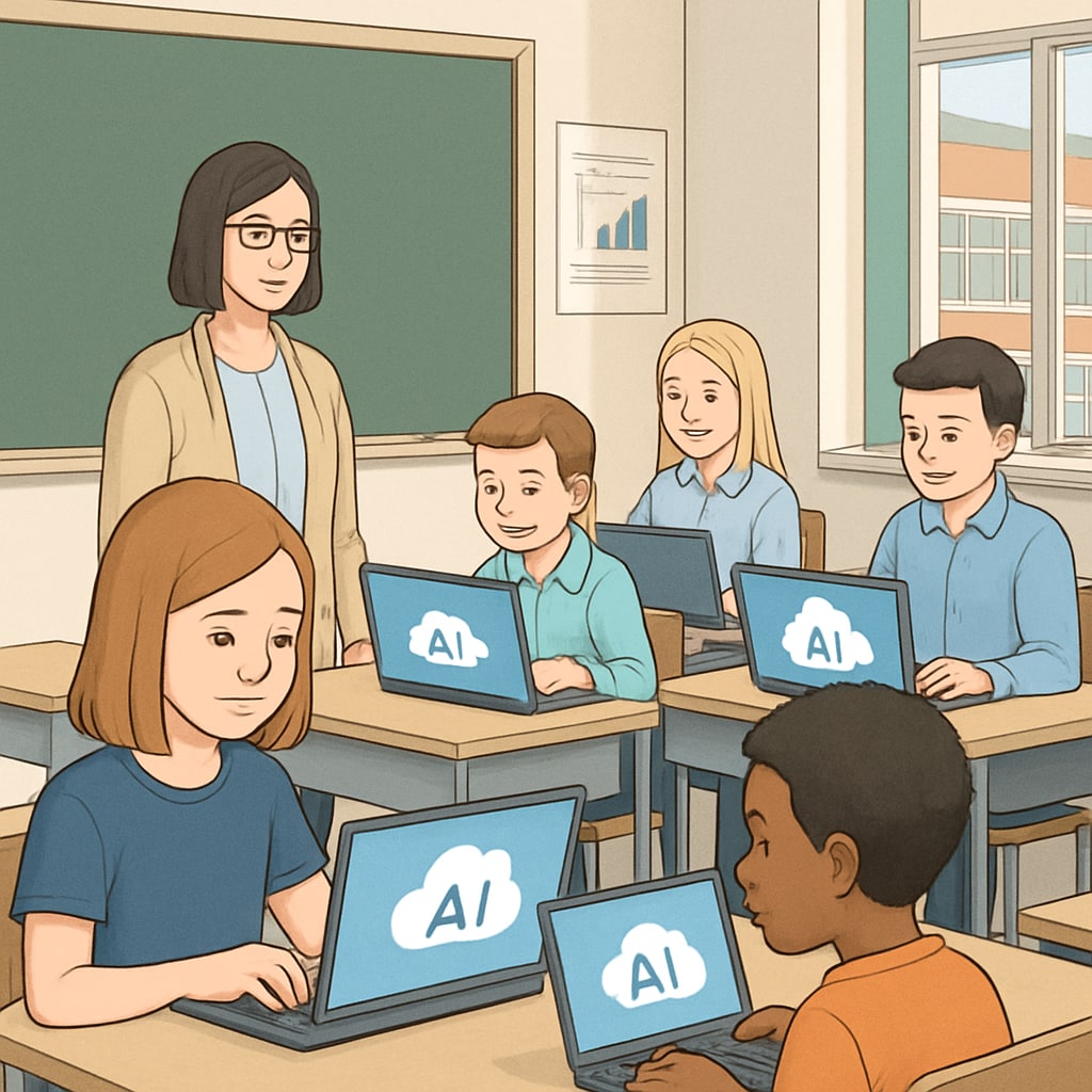 Students in a classroom using laptops with AI tools, emphasizing education technology and its challenges.