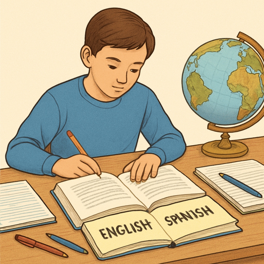 A student studying with bilingual textbooks, symbolizing the bridge between native and foreign education systems. A student using bilingual resources to transition between native and foreign education systems.