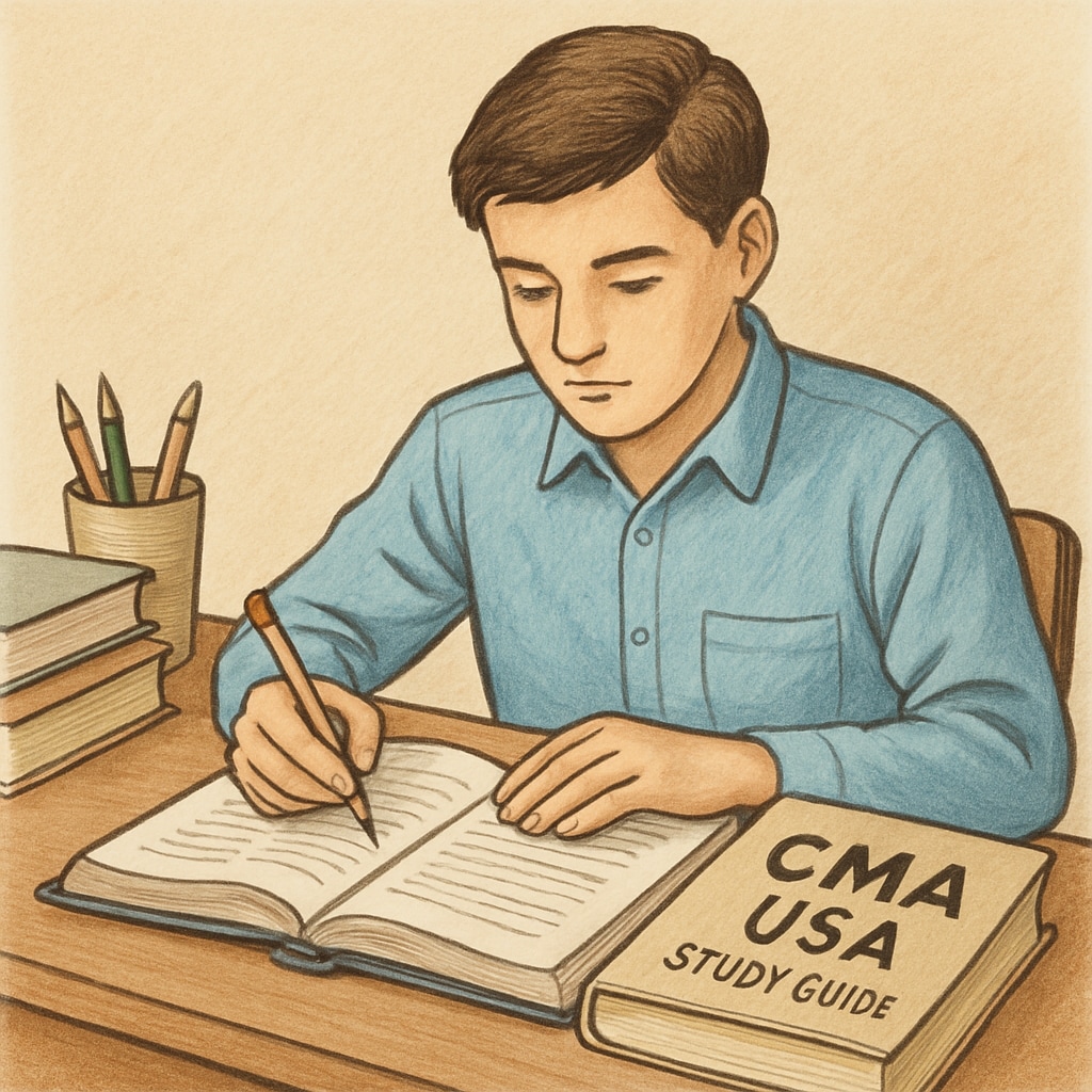 A student sitting at a desk with CMA USA study materials, symbolizing dedication and focus. A focused Kerala student studying CMA USA materials.