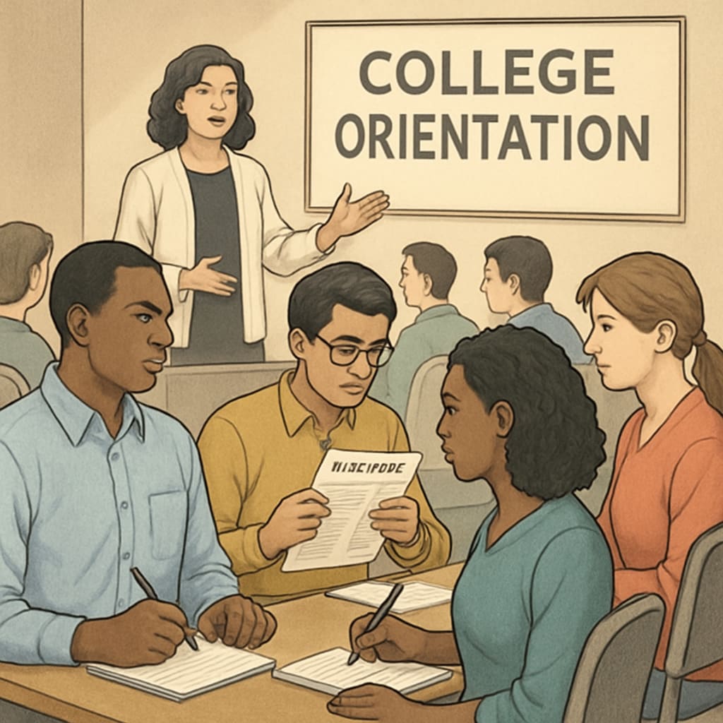Adult learners at a college orientation session.