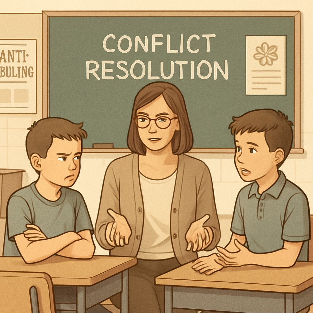 A teacher mediating between two students in a classroom, illustrating conflict resolution.