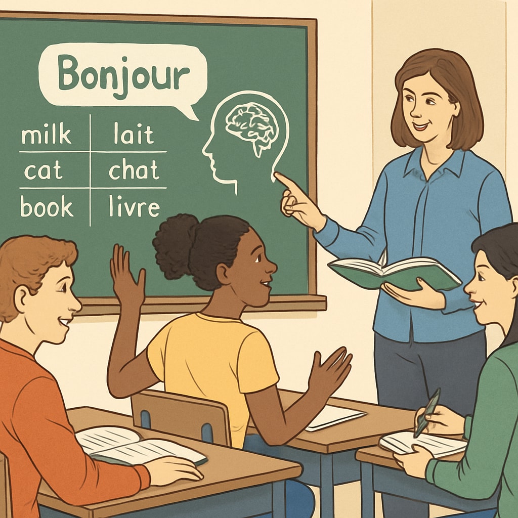 A classroom environment with students actively participating in foreign language lessons, symbolizing the cognitive challenges of language transition. Students engaging in foreign language lessons in a classroom setting.