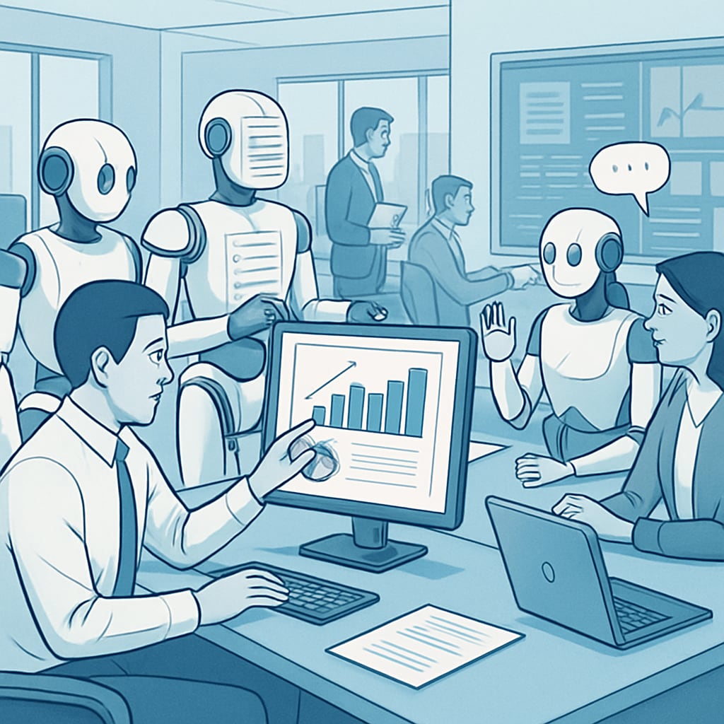 AI transforming the workplace with humans and robots collaborating.