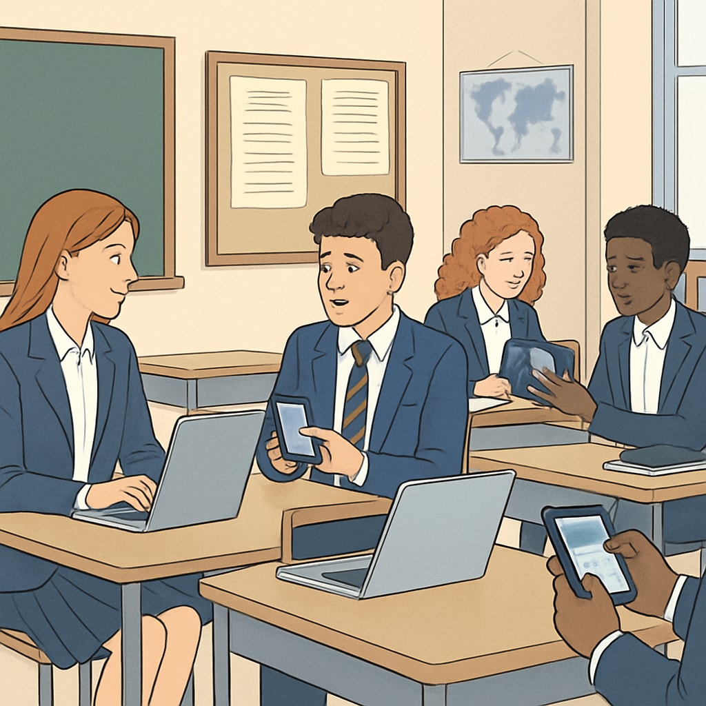 Private school students using smartphones for a collaborative project