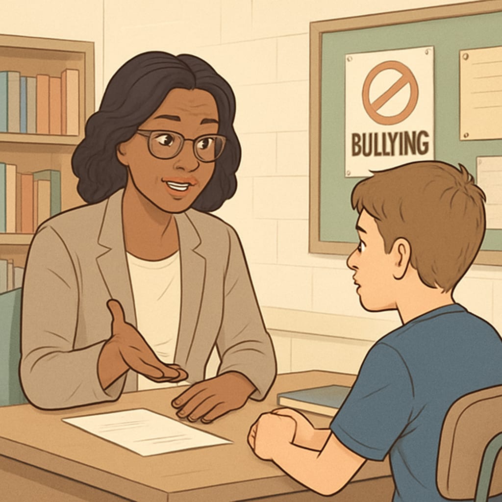 A school counselor speaking with a student one-on-one, symbolizing support and intervention.