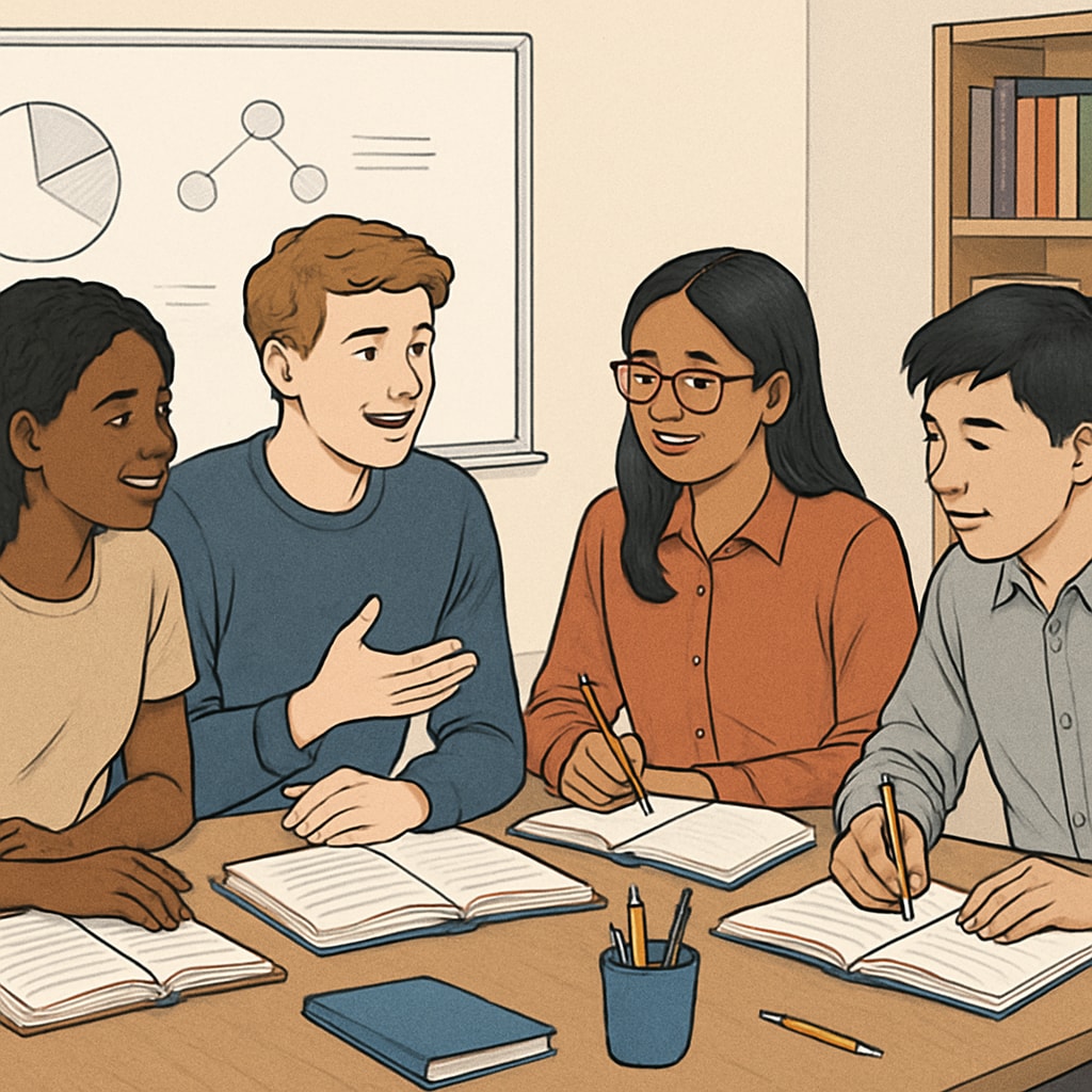 Students collaborating in a study group to adapt learning strategies for academic success in a foreign language. A group of students working together to understand foreign language material.