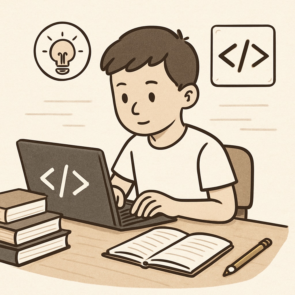 A young student sitting at a desk, coding on a laptop, representing programmers. A teenager coding on a laptop, illustrating career choices between programmers and engineers.