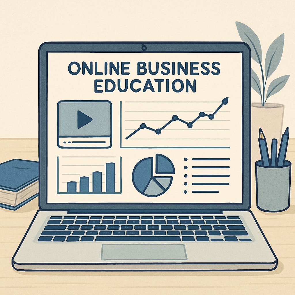 A laptop displaying an online learning platform with financial charts on the screen, symbolizing affordable online business education. Online learning platform with financial charts, representing affordable online business degrees.