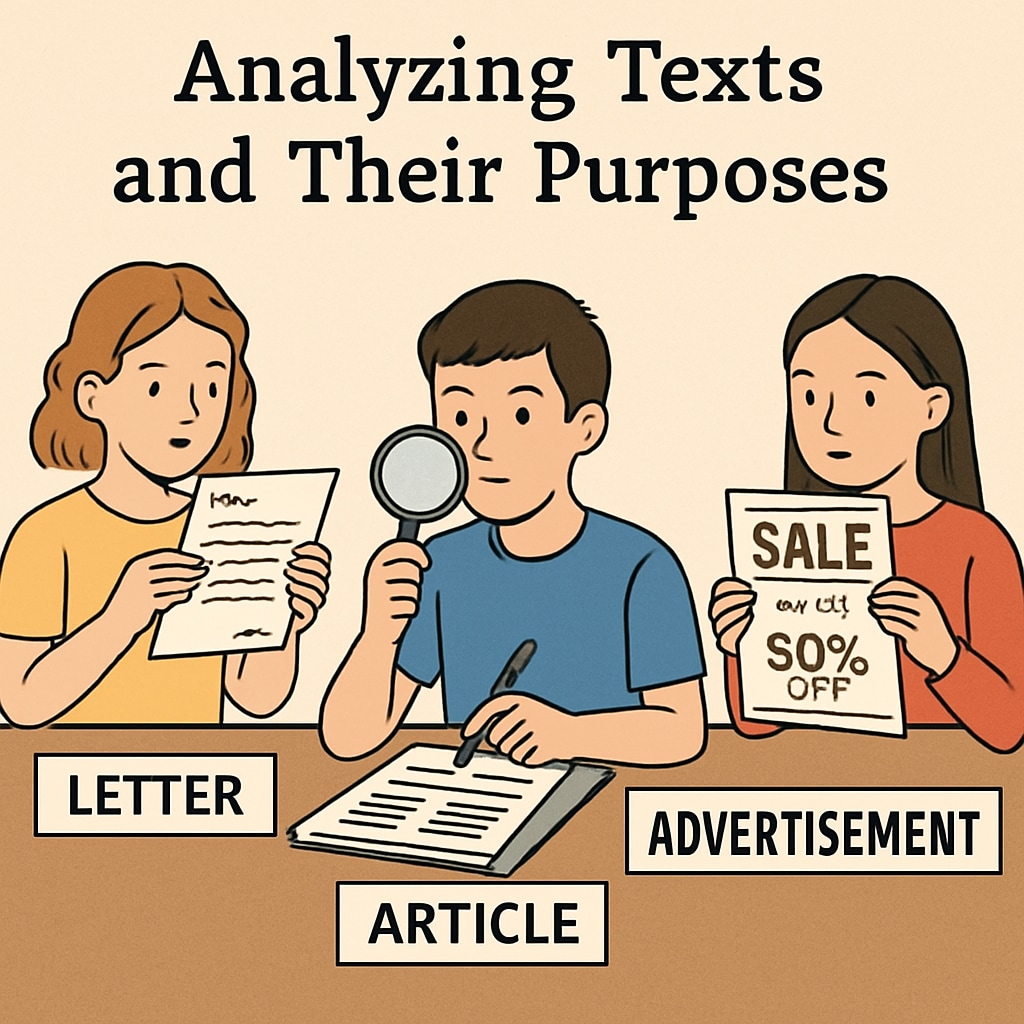 A visual representation of students analyzing different types of texts, such as letters, articles, and advertisements, for their purpose. Students analyzing text types for purpose in Functional Skills English exams.