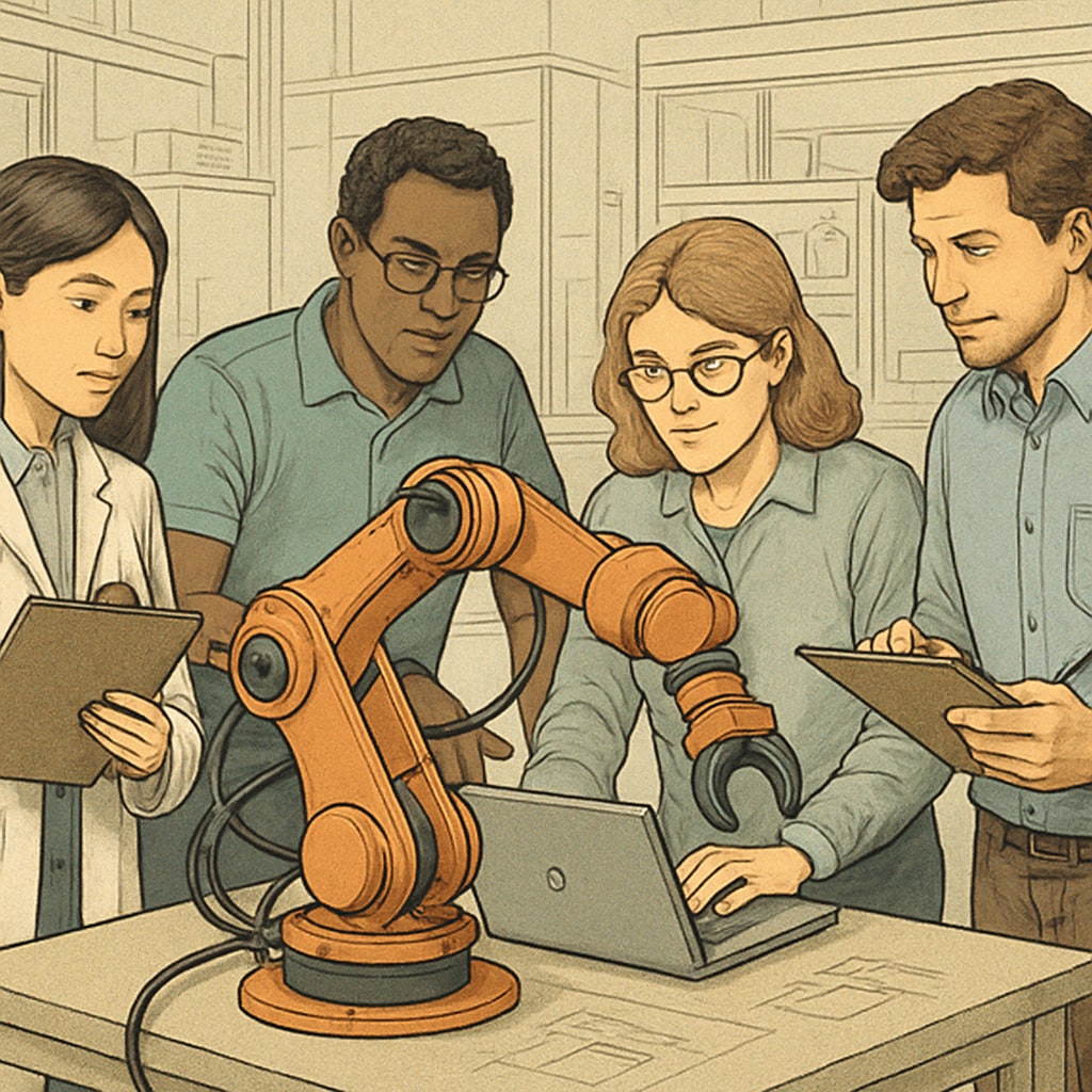 A group of engineers working on a robotic arm in a lab, representing engineering careers. Engineers collaborating on a robotic arm, highlighting engineering career paths.