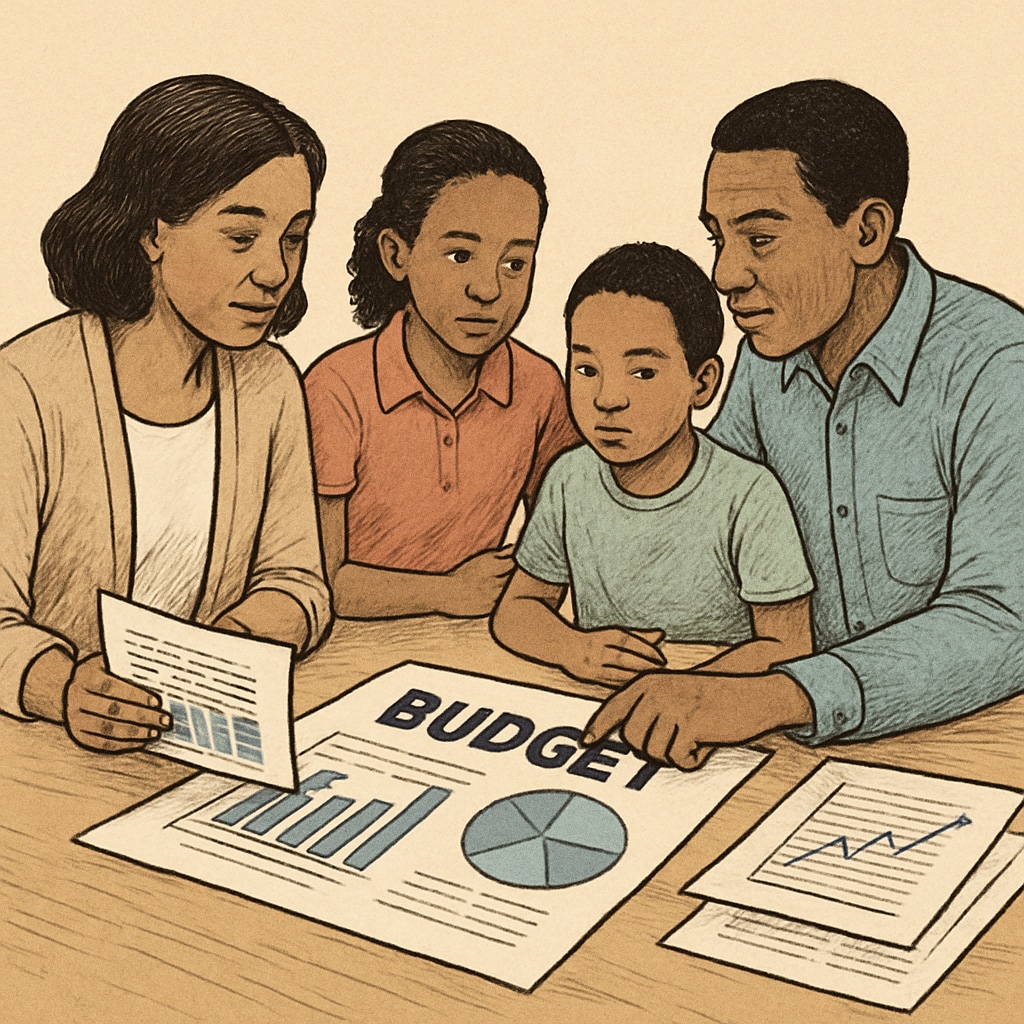 A family reviewing a budget plan together, illustrating the importance of financial planning for education. Family planning budget for education, emphasizing affordable business studies.
