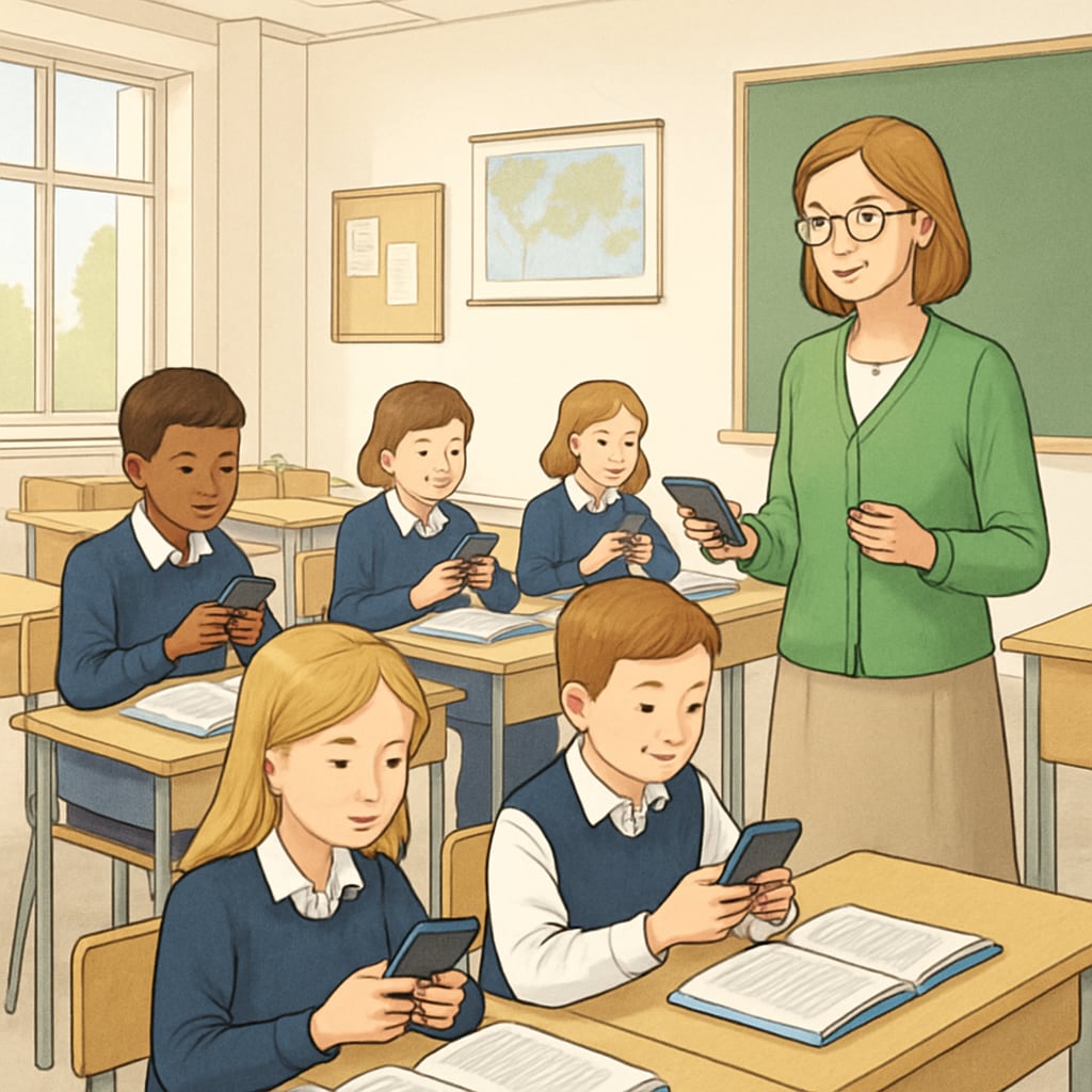 A classroom in a private school setting, where students are using smartphones under teacher supervision for an educational activity. Students in a private school using smartphones for an educational purpose.