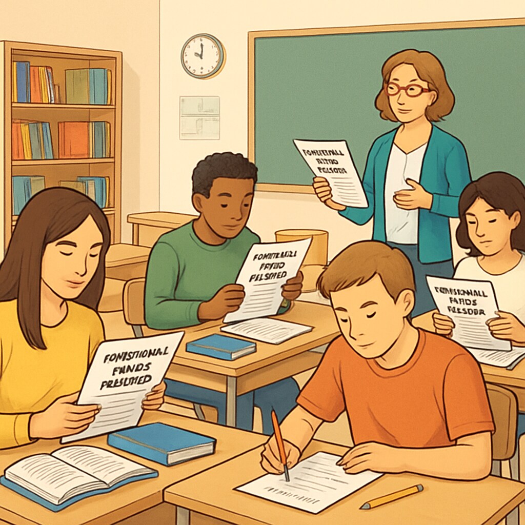 A classroom setting where students are practicing reading comprehension with Functional Skills English exam papers. Students practicing reading comprehension for Functional Skills English exams.