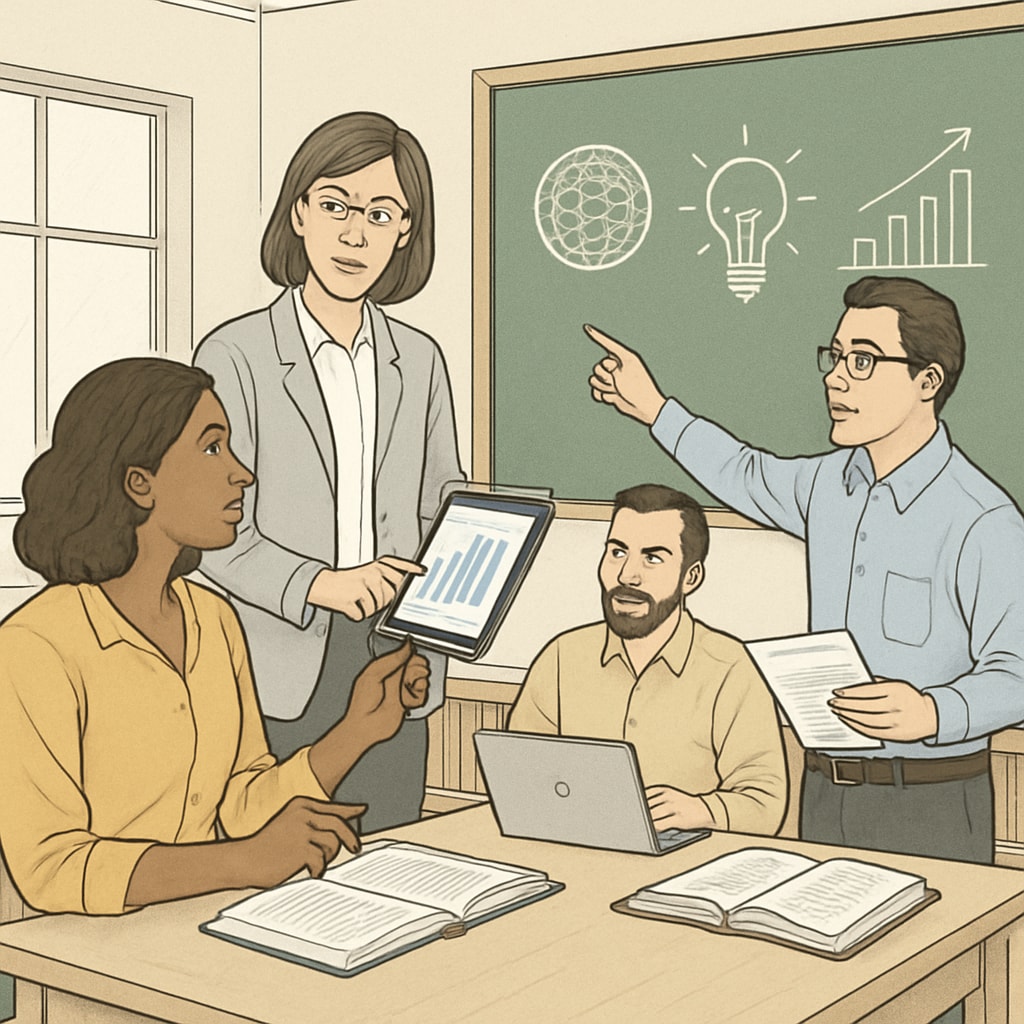 Educators collaborating in a classroom setting, showcasing shared resources and innovative teaching methods. Teachers sharing OpenSciEd science curriculum resources in a collaborative environment.