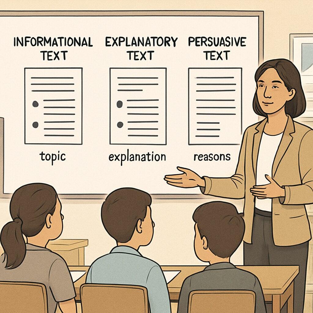 A teacher explaining the differences between informational, explanatory, and persuasive texts to students using a whiteboard. Teacher illustrating functional English text purposes on a whiteboard.