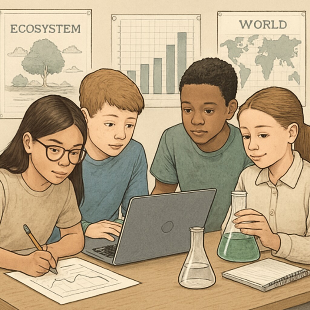 Middle school students engaged in a science experiment, exploring environmental data and teamwork. Students conducting hands-on science experiments as part of OpenSciEd curriculum.