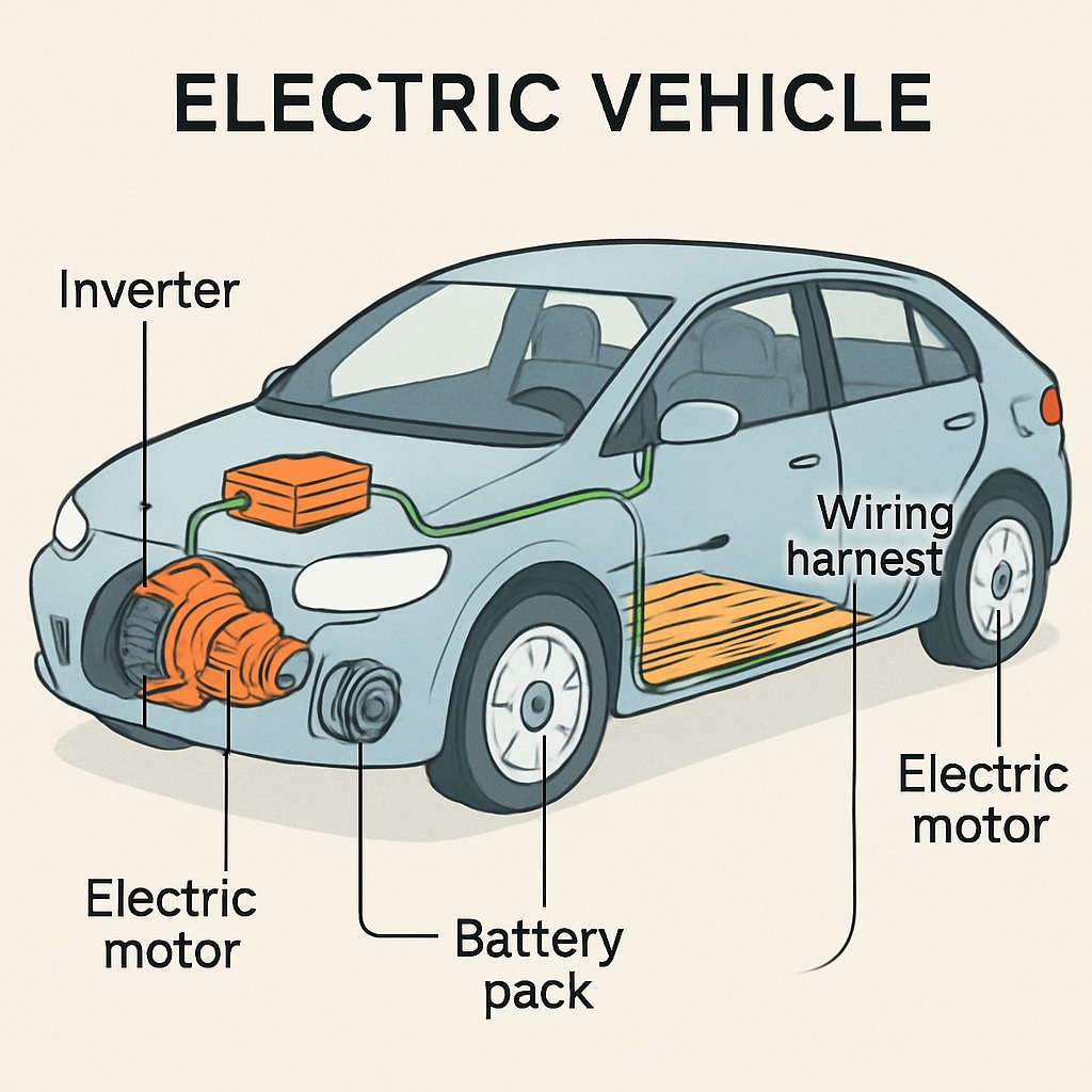 Diagram illustrating electric vehicle components, highlighting electrical systems' importance in automotive careers.