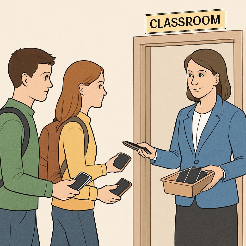 Students handing over their mobile phones in compliance with a school mobile phone ban policy.
